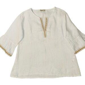 TERZO MILLENNIO White Linen‎ Embroidered V Neck Tunic Top M Made in Italy